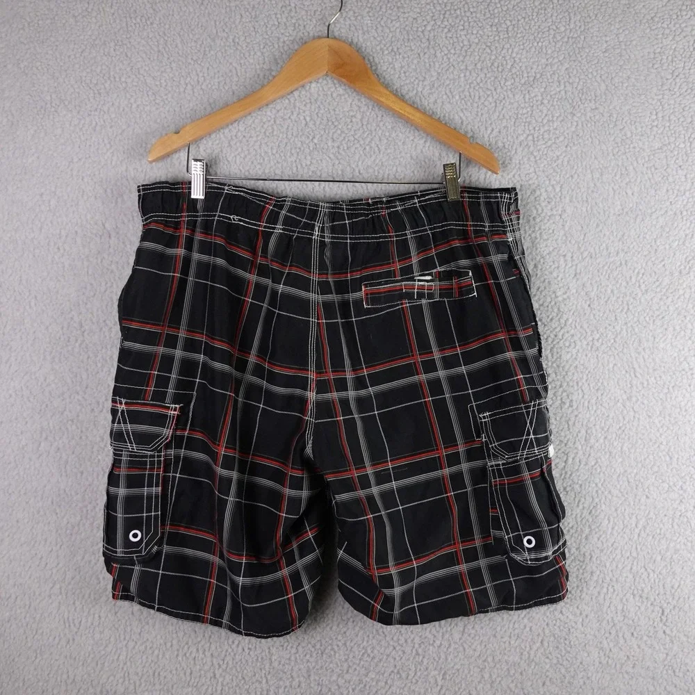 Ocean Pacific OP‎ Mens Plaid Cargo Board Shorts Black Red White Size L 36-38